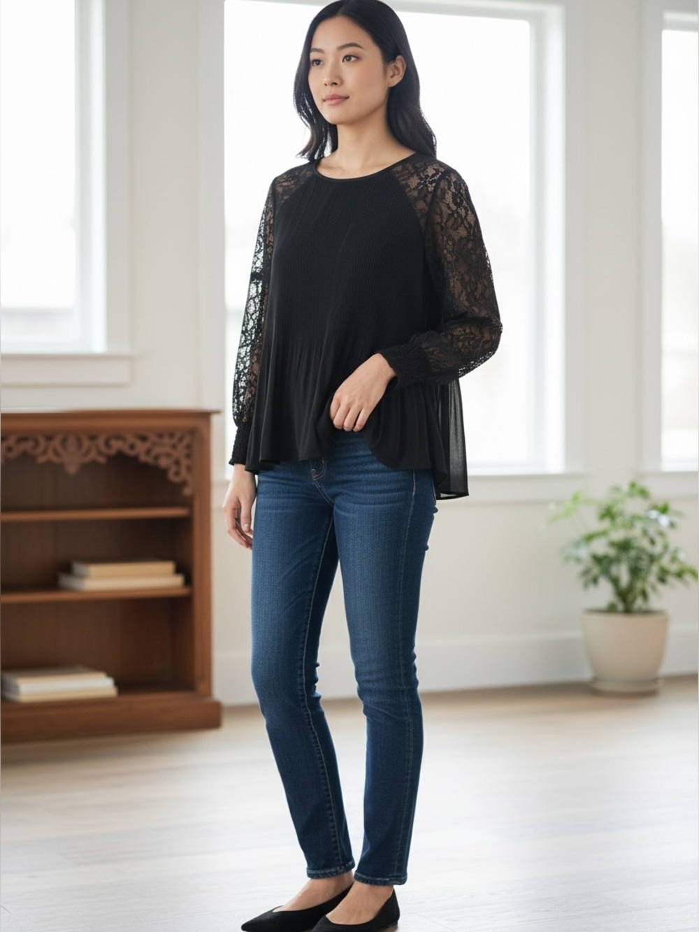 Adrianna Papell Black Pleated Lace Blouse Large Tie Back Long Sleeve Elegant Top